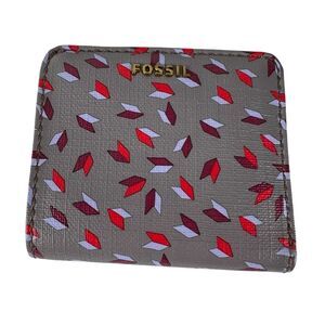 Fossil Mini Wallet Bifold Gray Red Geometric Contemporary